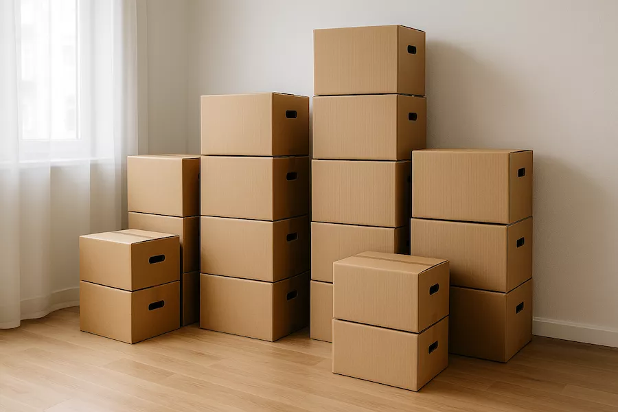 Staplade flyttkartonger i ett rum redo för flytt